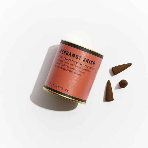 P.F. Candle Co. EU - Bergamot Shiso Alchemy Scented Incense Cones Paper Tube of 30 - Product - Each cone burns for approximately 20-25 minutes each. Our wood-based incense cones are hand-dipped into fine fragrance oils at our Los Angeles factory.