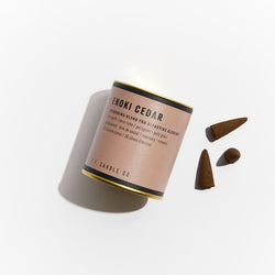 P.F. Candle Co. EU - Enoki Cedar Alchemy Scented Incense Cones Paper Tube of 30 - Product - Each cone burns for approximately 20-25 minutes each. Our wood-based incense cones are hand-dipped into fine fragrance oils at our Los Angeles factory.
