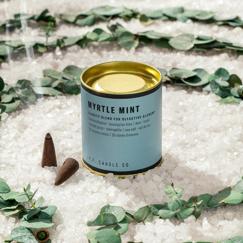 P.F. Candle Co. EU - Myrtle Mint Alchemy Scented Incense Cones Paper Tube of 30 - Lifestyle - A connection blend to soak up the present moment, with notes of soft sage, ginger root, lavender, and patchouli. Inspired by overgrown wildflowers rooted in fresh earth, formulated with upcycled cedarwood and sustainable patchouli.