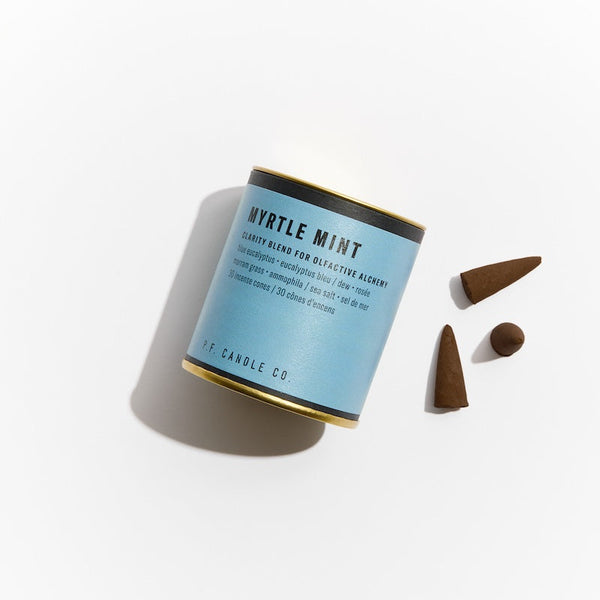 P.F. Candle Co. EU - Myrtle Mint Alchemy Scented Incense Cones Paper Tube of 30 - Product - Each cone burns for approximately 20-25 minutes each. Our wood-based incense cones are hand-dipped into fine fragrance oils at our Los Angeles factory.