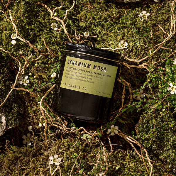 P.F. Candle Co. EU Geranium Moss Alchemy Candle - Lifestyle - A connection blend to soak up the present moment, with notes of soft sage, ginger root, lavender, and patchouli. Inspired by overgrown wildflowers rooted in fresh earth, formulated with upcycled cedarwood and sustainable patchouli.