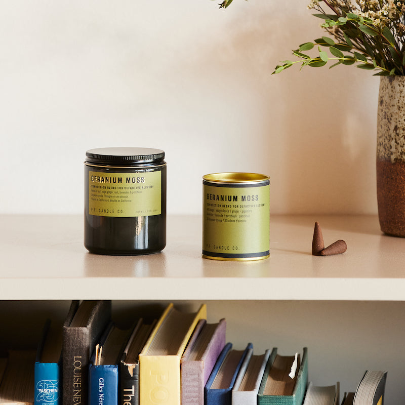 P.F. Candle Co. EU - Geranium Moss Alchemy 7.2 oz Standard Scented Soy Wax Candle - Scent Family - Alchemy is a collection of candles and incense cones featuring science-backed blends meant to mimic the healing qualities of nature and boost your mood.