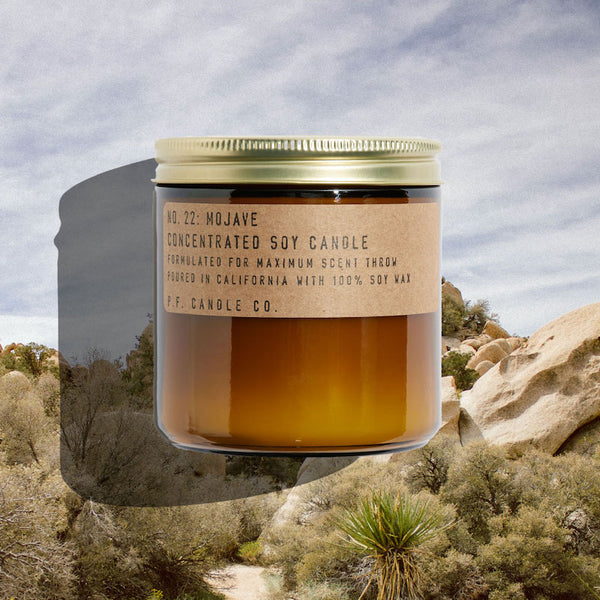 P.F. Candle Co. EU Mojave Large Concentrated Candle - Lifestyle - Afternoon explorations through high desert landscapes, a much-needed reset under dark starry skies, the magic of a weekend away. Creosote, golden poppy, chaparral, and white musk.
