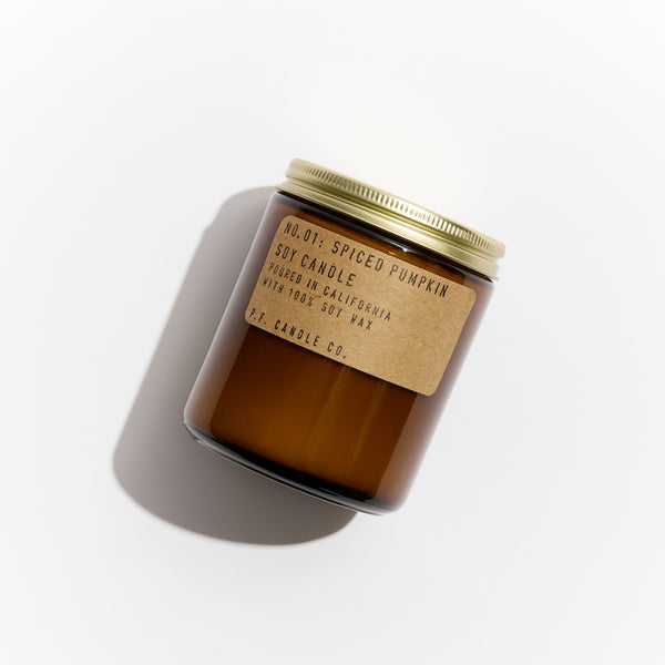 P.F. Candle Co. EU Spiced Pumpkin Standard Candle - Product - Hand-poured into apothecary inspired amber jars with our signature kraft label and a brass lid.