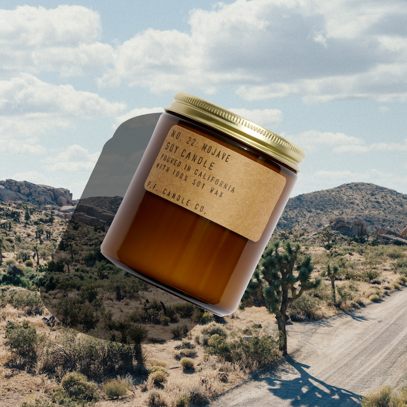P.F. Candle Co. EU Mojave Standard Candle - Lifestyle - Afternoon explorations through high desert landscapes, a much-needed reset under dark starry skies, the magic of a weekend away. Creosote, golden poppy, chaparral, and white musk.