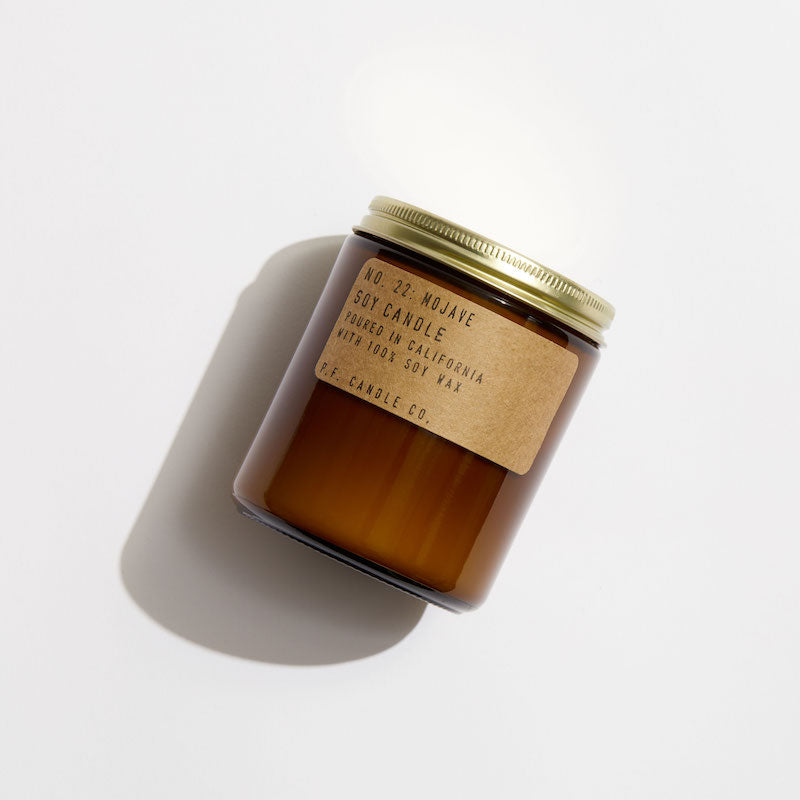 P.F. Candle Co. EU Mojave Standard Candle - Product - Hand-poured into apothecary inspired amber jars with our signature kraft label and a brass lid.