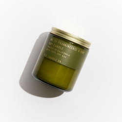 P.F. Candle Co. EU Frankincense & Oud Limited Candle - Hand-poured into apothecary inspired amber jars with our signature kraft label and a brass lid.