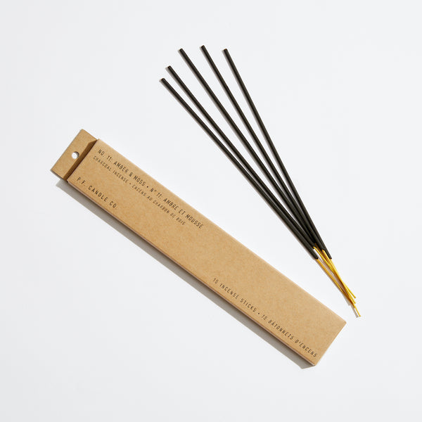 P.F. Candle Co. EU - Amber & Moss Classic Incense Sticks - Product - Our charcoal-based Incense is hand-dipped in our studio and packaged in kraft box packaging.