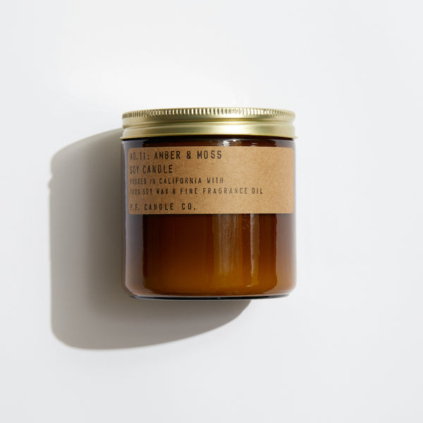P.F. Candle Co. EU - Amber & Moss Classic Large 12.5 oz Scented Soy Wax Candle - Product - Our 12.5 oz Large Candles are hand-poured into apothecary-inspired amber jars with our signature kraft label and a brass lid.