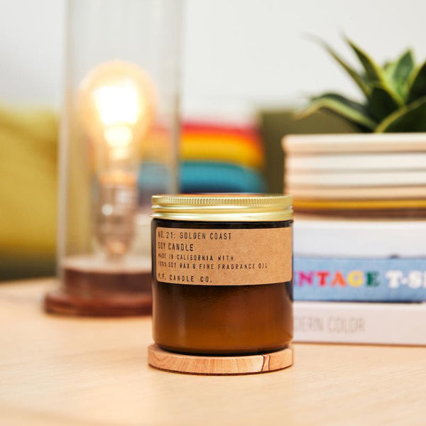 P.F. Candle Co. EU Golden Coast Large Candle - Lifestyle - Big Sur magic, wild sage baking in the sun, the rumble of waves and rocks. Eucalyptus, sea salt, redwood, and palo santo.
