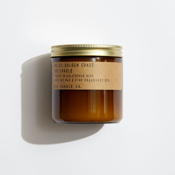 P.F. Candle Co. EU Golden Coast Large Candle - Product - Our 12.5 oz Large Candles are hand-poured into apothecary-inspired amber jars with our signature kraft label and a brass lid.