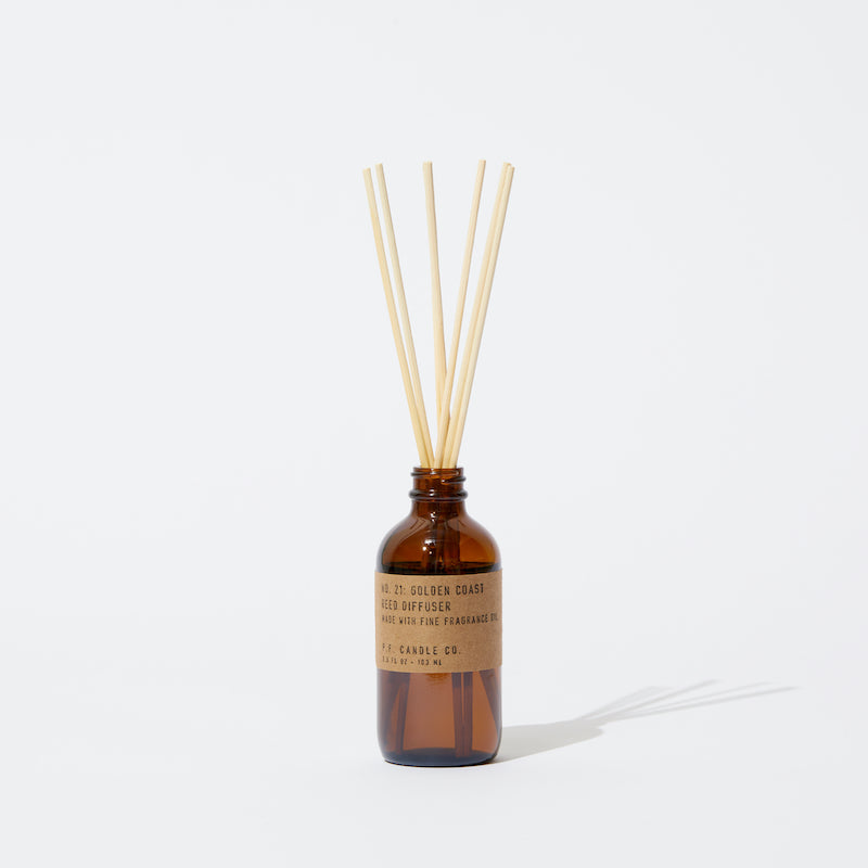 P.F. Candle Co. EU - Golden Coast Classic 3.5 fl oz Scented Reed Diffuser - Product - Apothecary-inspired amber glass bottles with our signature kraft label and rattan reeds. Low-maintenance scent throw, all day long - no match necessary.