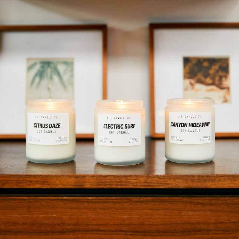 P.F. Candle Co. EU Canyon Hideaway Soft Focus Candle - Scent Family - This collection of three unique scents sparks recollections of ethereal days spent at iconic locations throughout our home state of California. Vivid yet hazy, wild, and free.